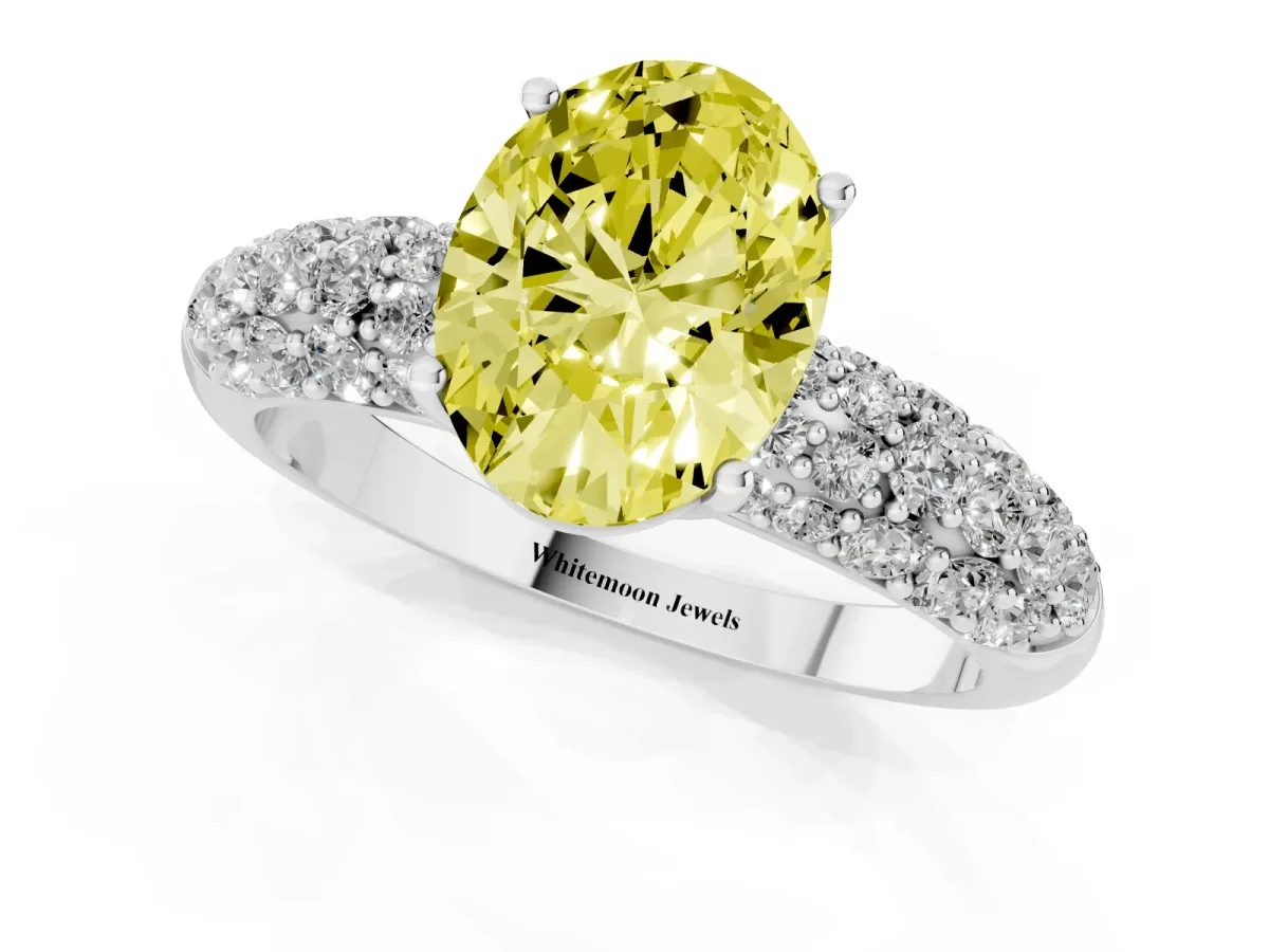Fancy Yellow Oval Cut Diamond Pavé Band Solitaire Ring with Four-Prong Setting Platinum
