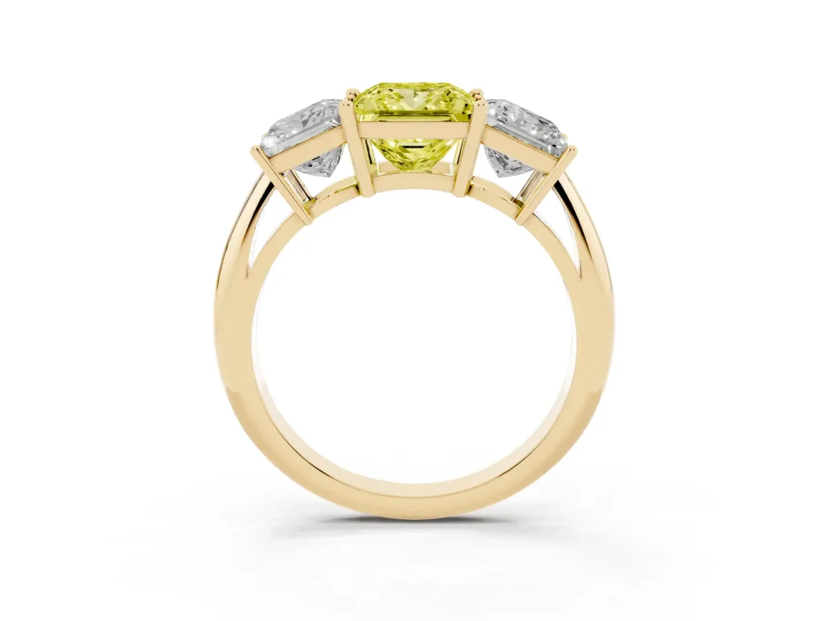 Fancy Yellow Three-Stone Princess Cut Cut Diamond Engagement Ring with Prong Setting on a White Gold Band Yellow gold