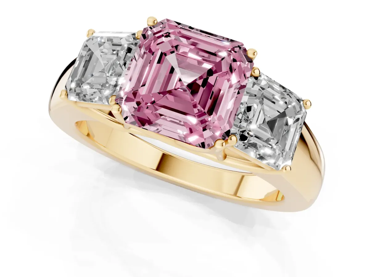 Fancy Pink Three-Stone Asscher Cut Cut Diamond Ring with Prong Setting and Classic Band Yellow gold