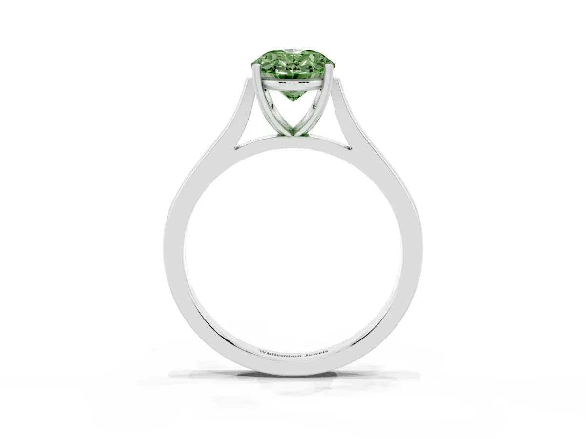 Fancy Green Oval Cut Solitaire Heart Prong Engagement Ring with Tapered Band White gold