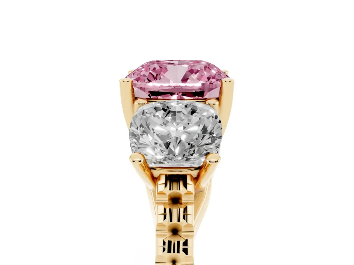 Fancy Pink Three-Stone Cushion Cut Diamond Ring with Round Pavé Band and Prong Setting Yellow gold
