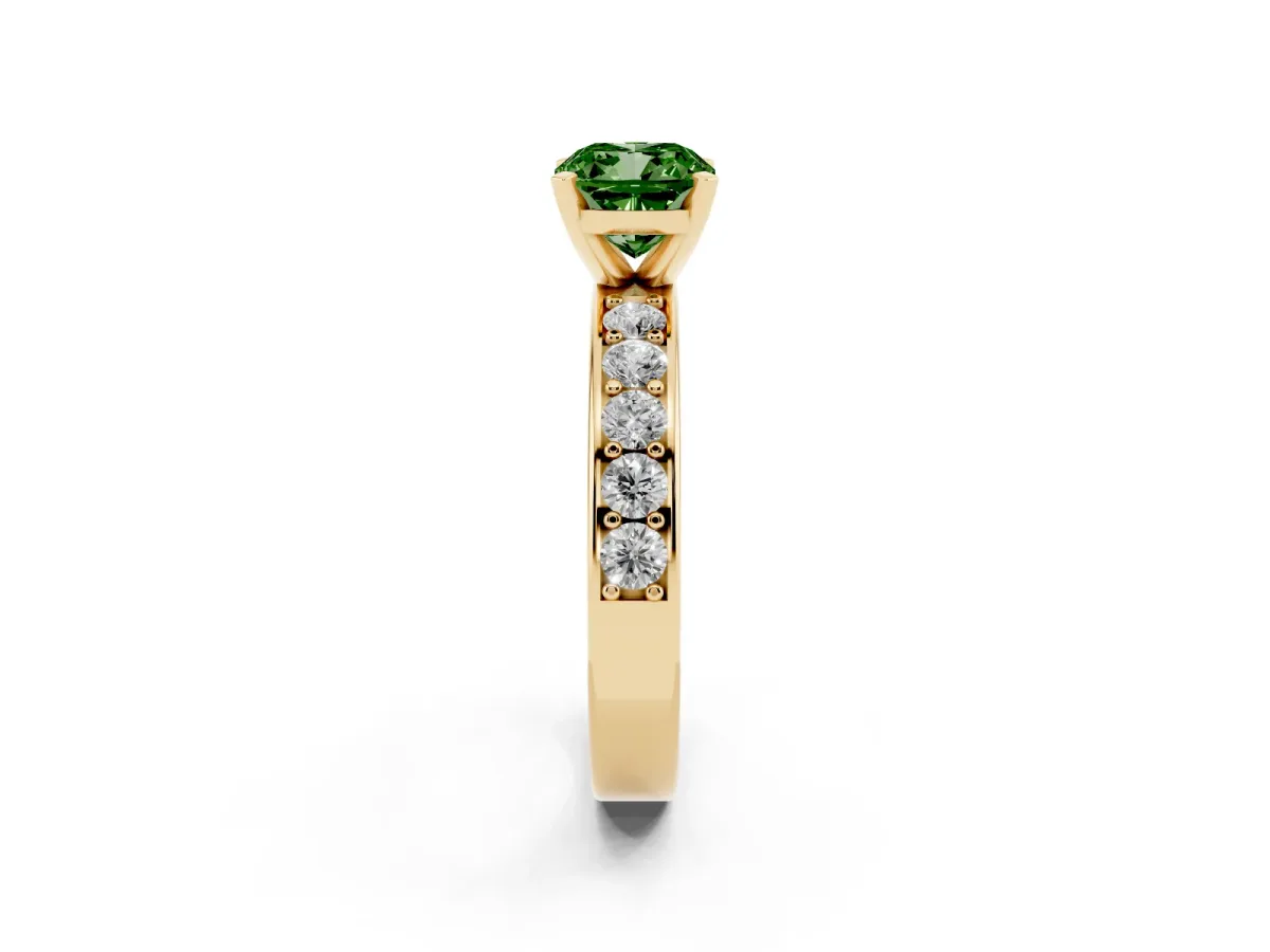 Fancy Green Cushion Cut Diamond Engagement Ring with Channel Set Round Band and Prong Setting Yellow gold