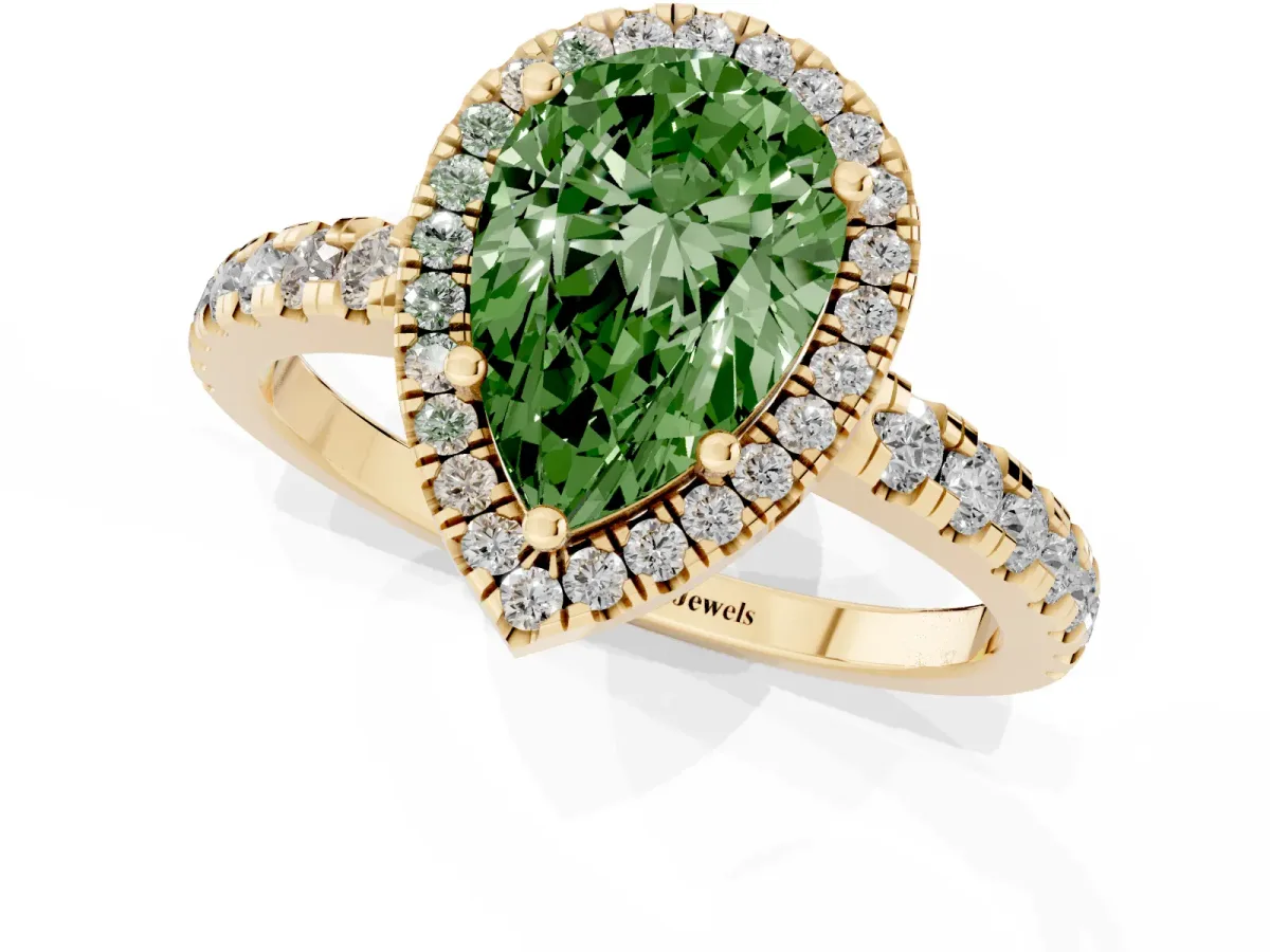 Fancy Green Pear Cut Diamond Halo Ring with Pavé Band and Four-Prong Setting Yellow gold