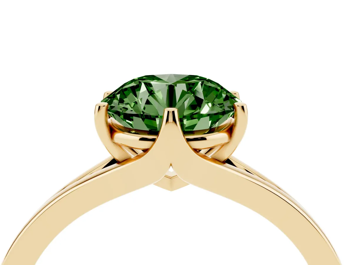 Fancy Green Round Cut Solitaire Diamond Ring with Six-Prong Setting and Tapered Band Yellow gold