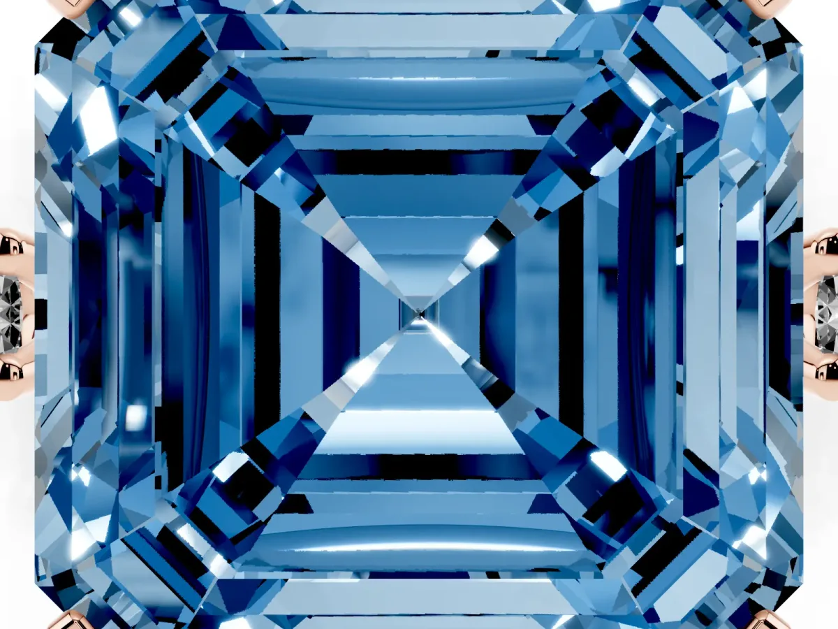Fancy Blue Asscher Cut Cut Three-Stone Solitaire Ring with Round Accent Diamonds and Four-Prong Setting Rose gold