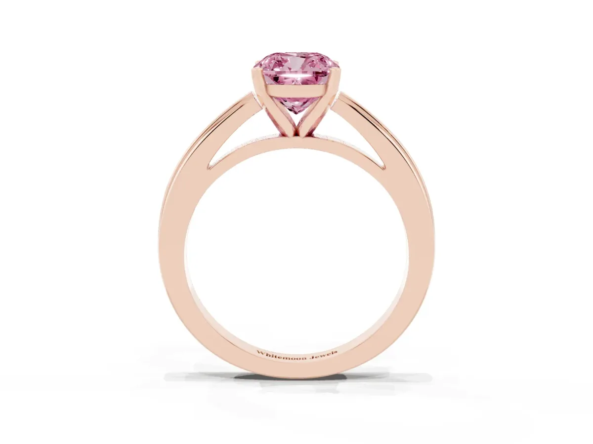 Fancy Pink Cushion Cut Solitaire Diamond Ring with Four-Prong Setting and Classic Band Rose gold