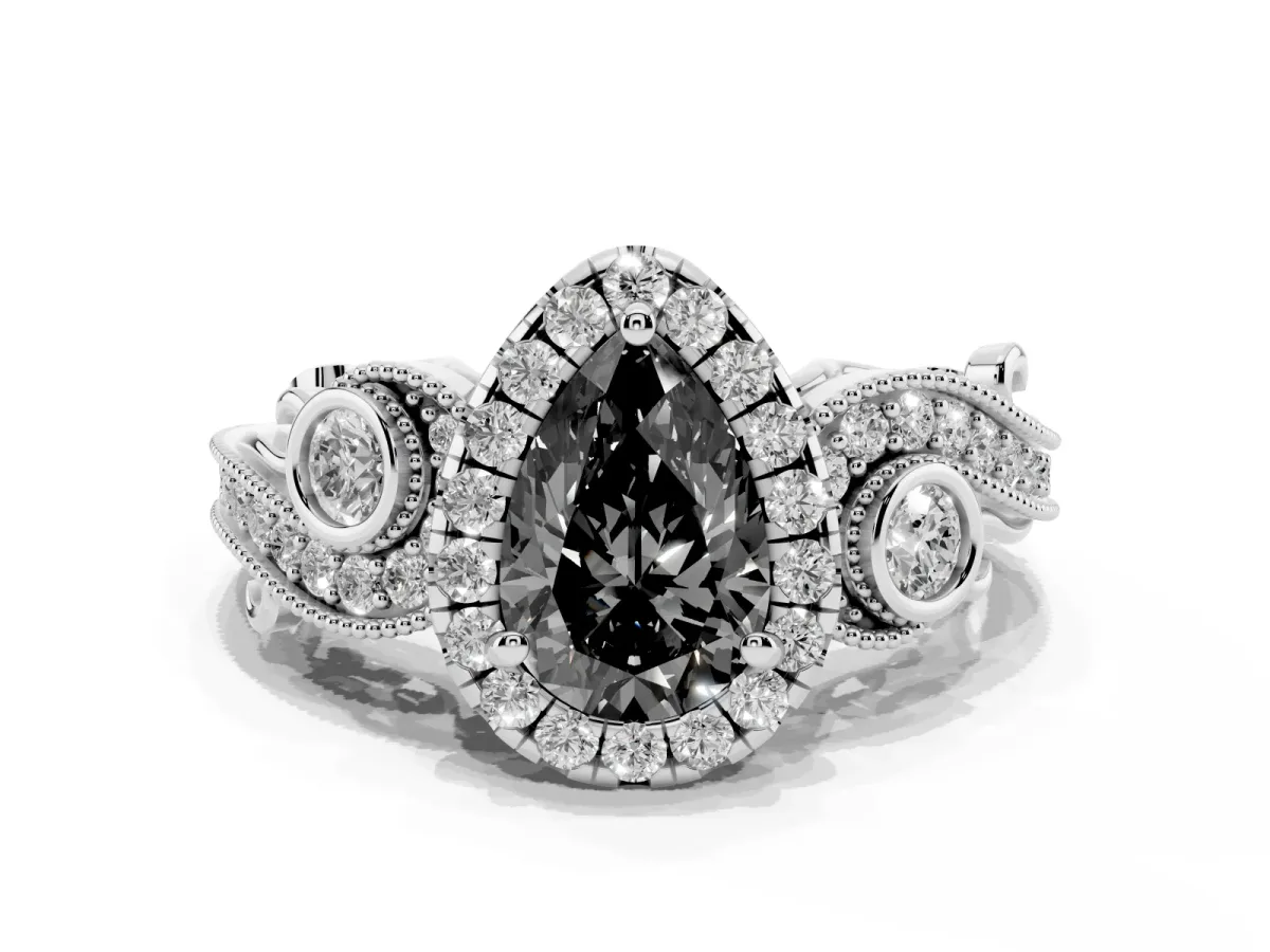 Fancy Black Pear Cut Halo Diamond Ring with Milgrain and Bezel Accents on a Split Shank Band Platinum