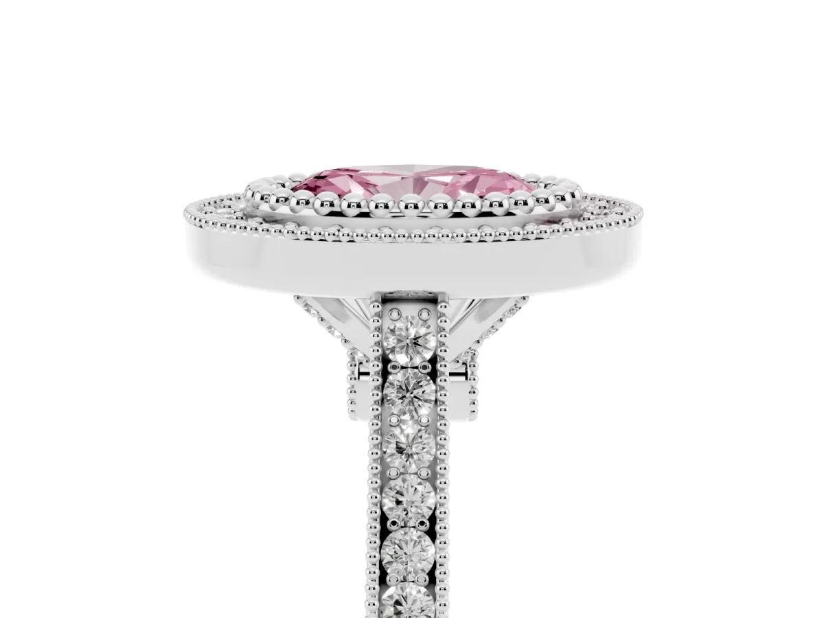 Fancy Pink Oval Cut Diamond Halo Ring with Milgrain Frame and Pavé Band Silver
