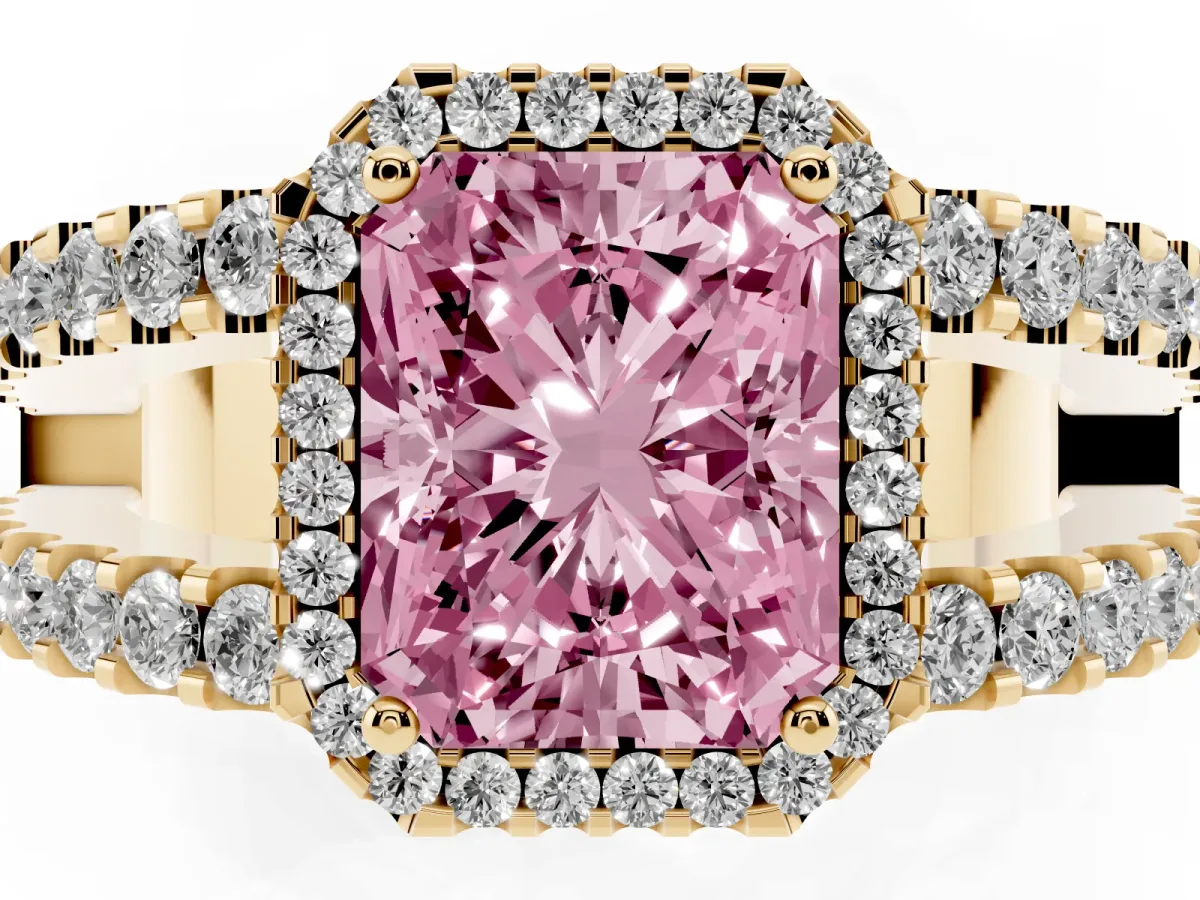 Fancy Pink Radiant Cut Cut Halo Split Shank Diamond Ring with Four-Prong Setting Yellow gold