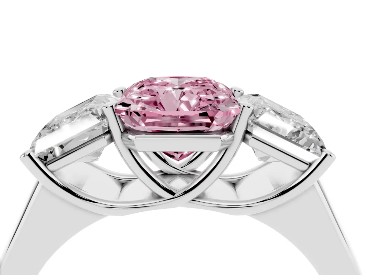 Fancy Pink Radiant Cut Three-Stone Diamond Ring with Prong Setting on a Classic Band Silver