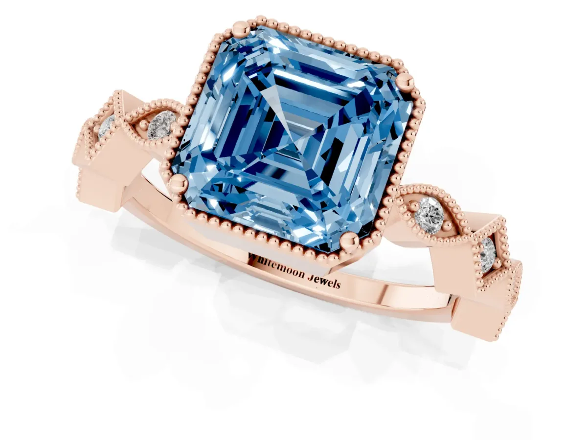 Fancy Blue Asscher Cut Milgrain Marquise Diamond Twist Band Ring Rose gold