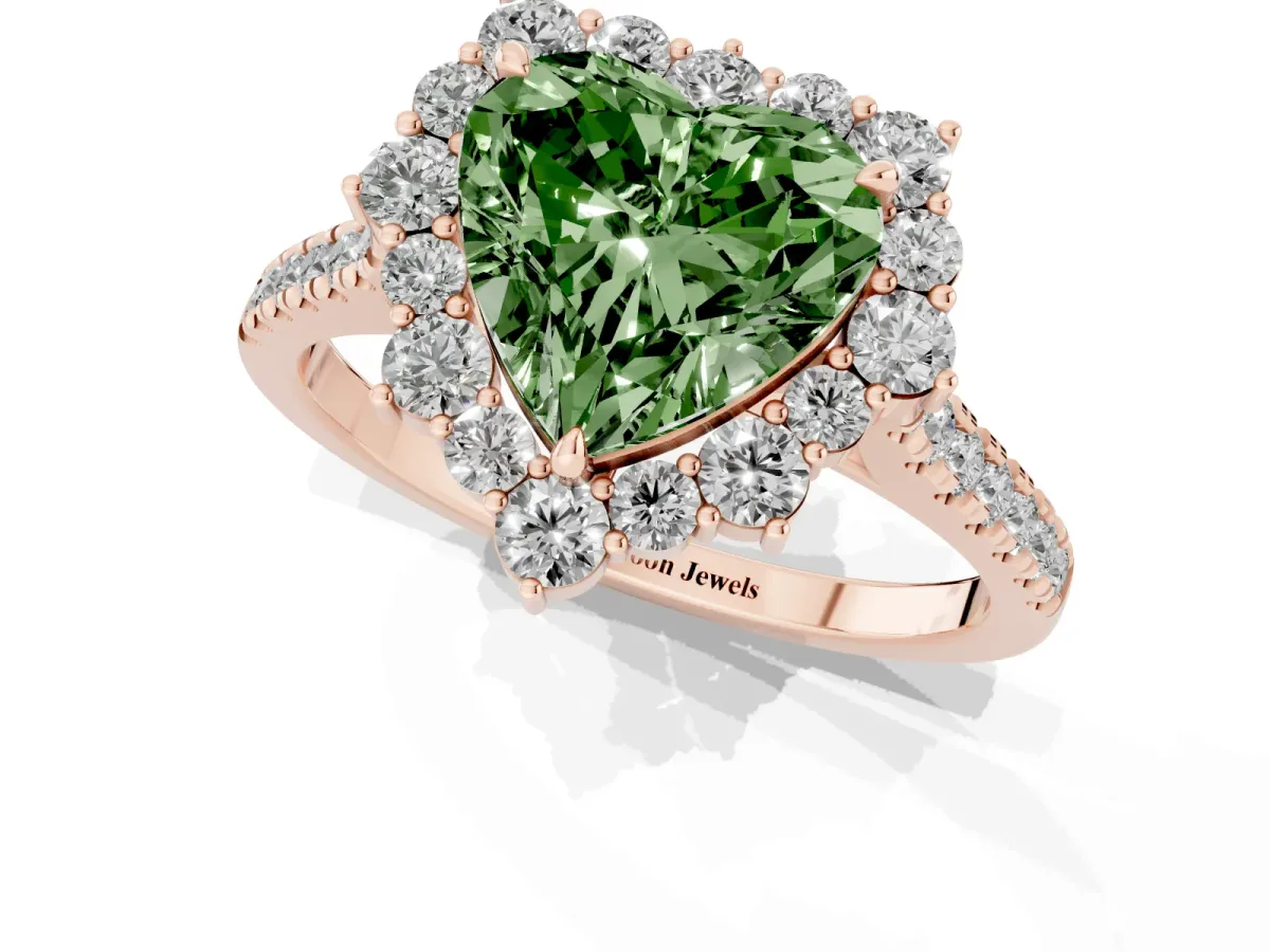 Fancy Green Heart Cut Halo Diamond Ring with Pavé Band and Prong Setting Rose gold