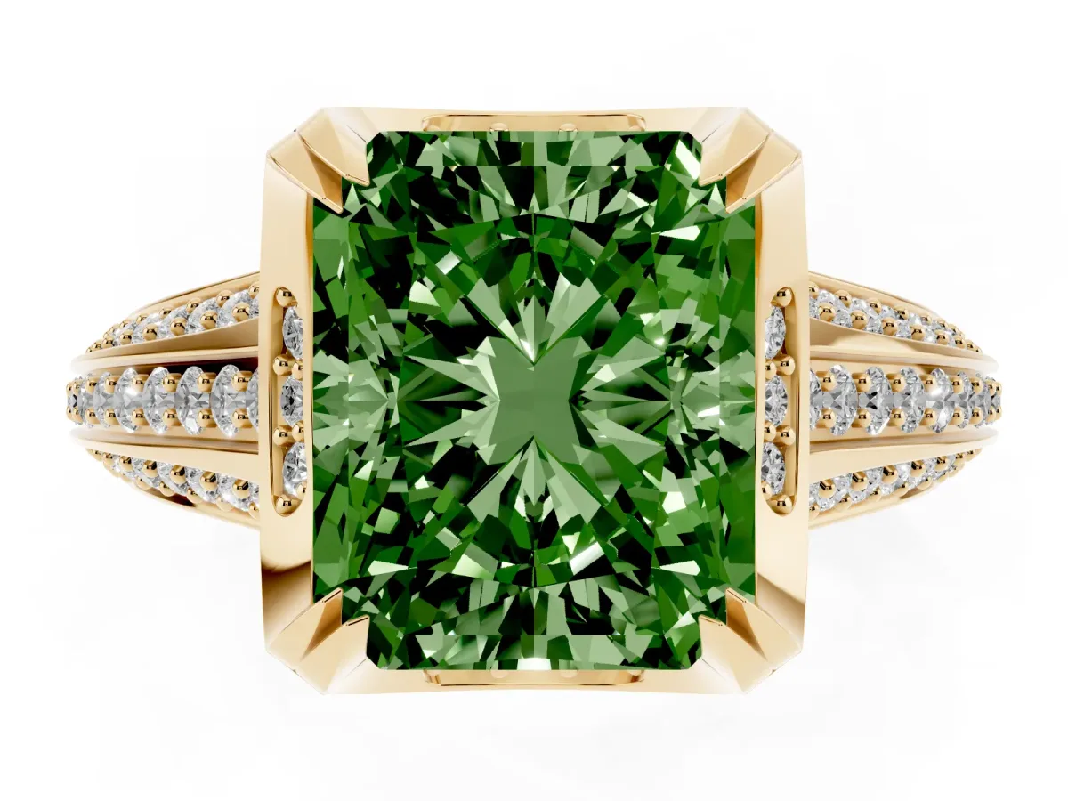 Fancy Green Radiant Cut Solitaire Pave Split Shank Ring with Four-Prong Setting Yellow gold