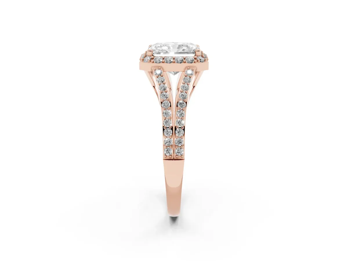 Radiant Cut Halo Split Shank Pave Diamond Ring with Four-Prong Setting Rose gold