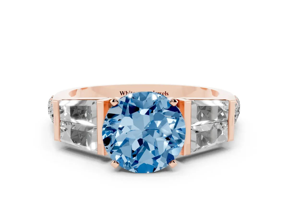 Fancy Blue Round Cut Diamond Engagement Ring with Baguette Side Stones and Channel Set Band Rose gold