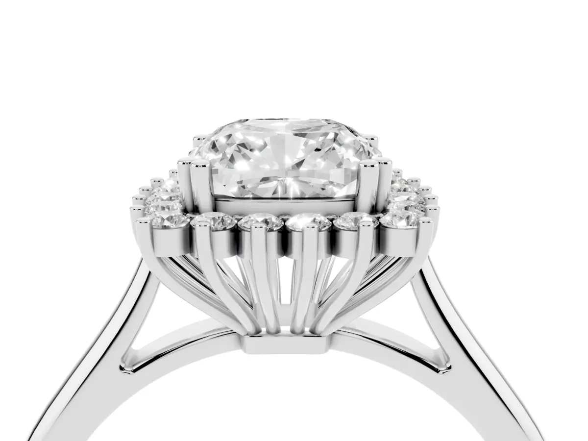 Cushion Cut Cut Diamond Halo Ring with Solitaire Band and Prong Setting Silver