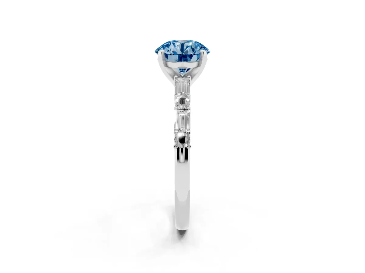 Fancy Blue Round Cut Diamond Solitaire with Side Baguettes and Channel Set Band White gold