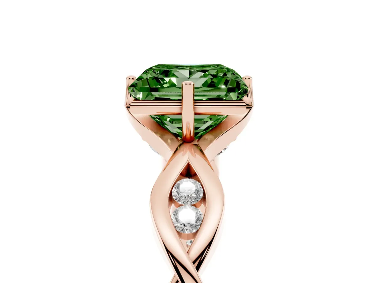 Fancy Green Princess Cut Solitaire Twist Band with Leaf Prong Setting Rose gold