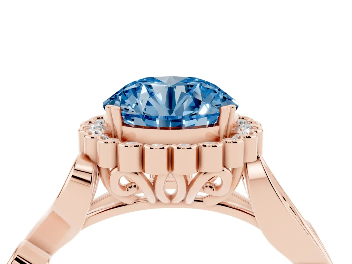 Fancy Blue Round Cut Diamond Halo Ring with Vintage Split Shank and Four-Prong Setting Rose gold