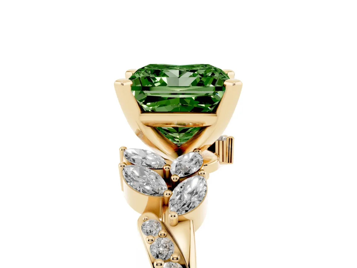 Fancy Green Princess Cut Solitaire Marquise Twist Band with Six-Prong Setting Yellow gold