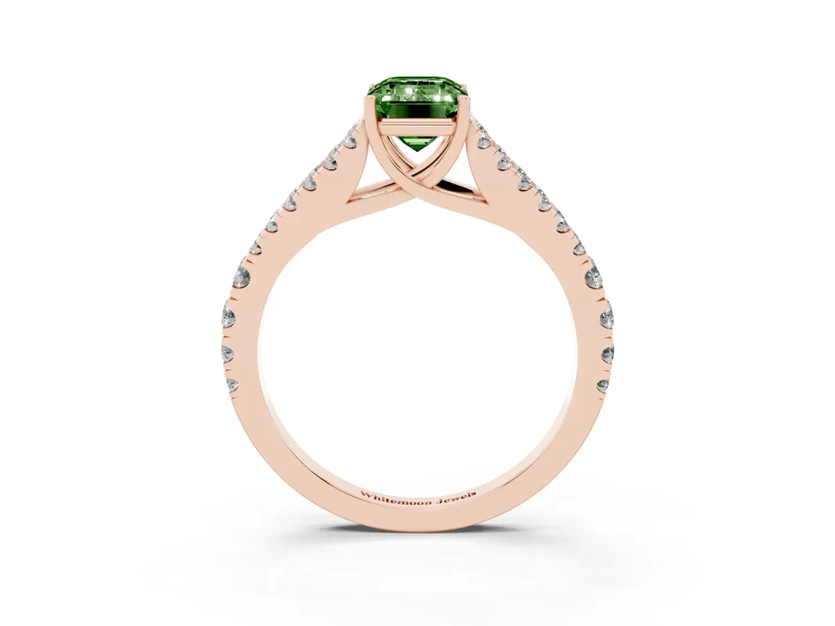 Fancy Green Emerald Cut Diamond Split Shank Pavé Engagement Ring with Four-Prong Setting Rose gold