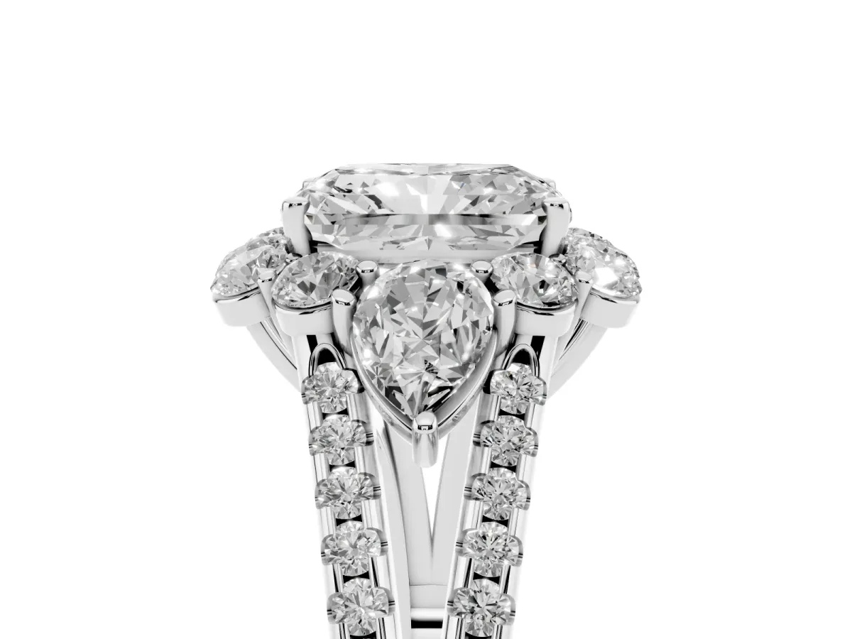 Radiant Cut Halo Split Shank Diamond Engagement Ring with Prong Setting Silver