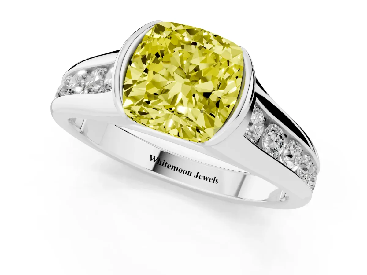 Fancy Yellow Cushion Cut Solitaire Bezel-Set Diamond Ring with Channel-Set Band Silver