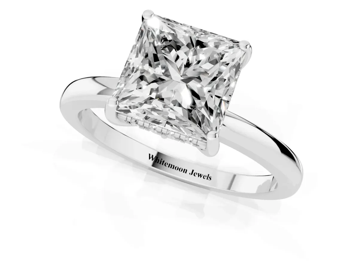 Princess Cut Solitaire Diamond Ring with Prong Setting and Plain Band Silver