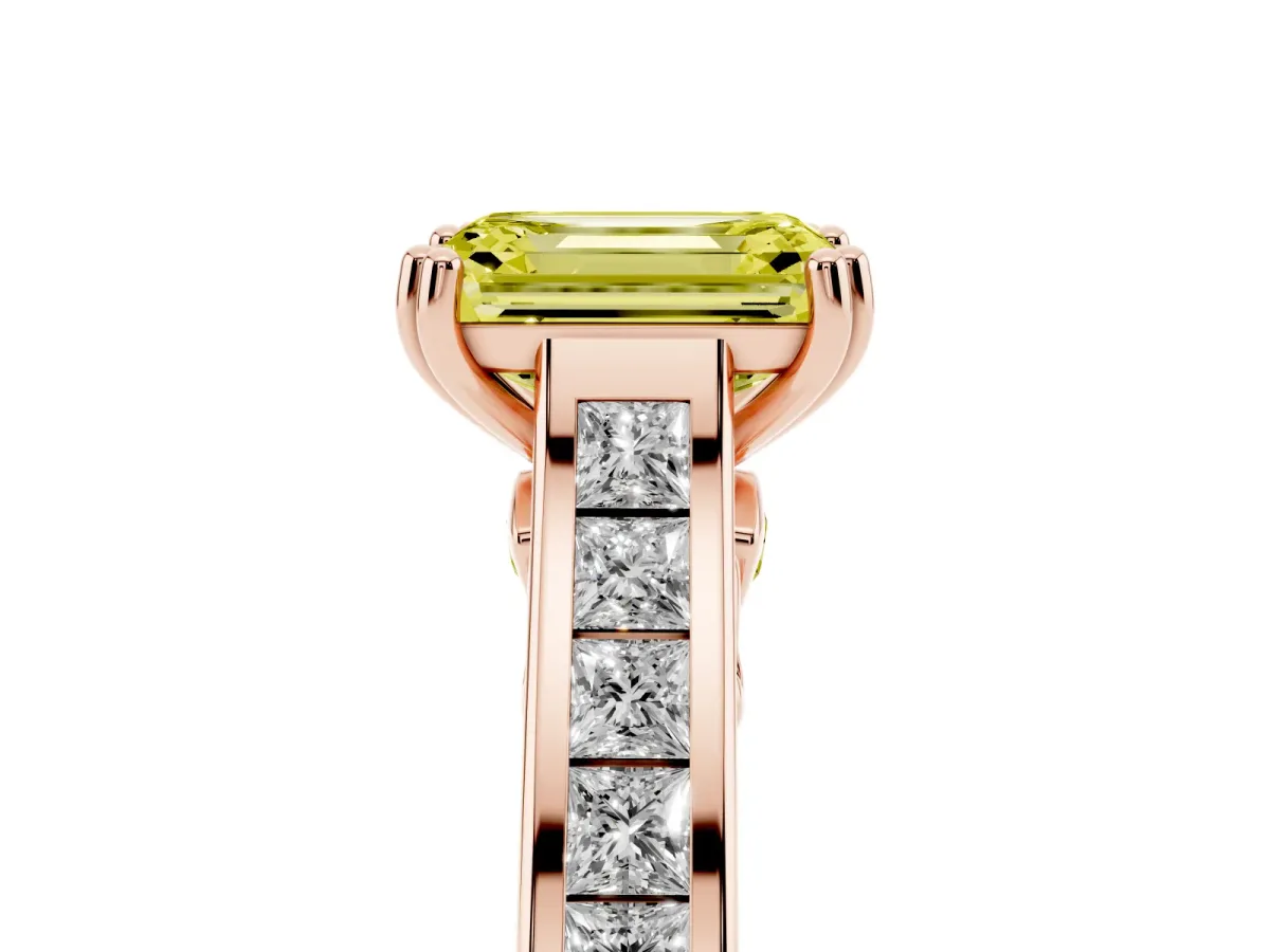 Fancy Yellow Emerald Cut Cut Channel Set Solitaire Engagement Ring with Prong Setting Rose gold