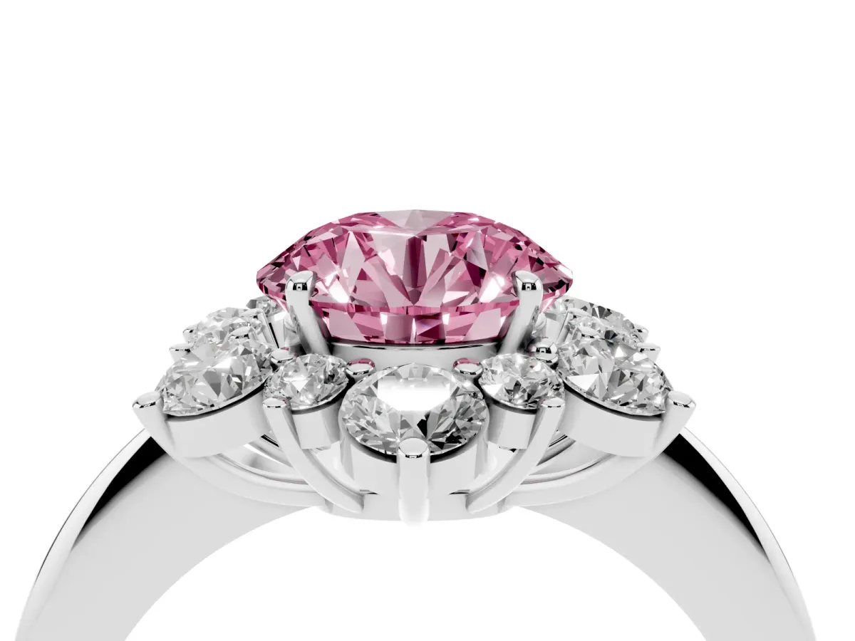 Fancy Pink Round Cut Diamond Cluster Halo Ring with Solitaire Band and Four-Prong Setting Silver