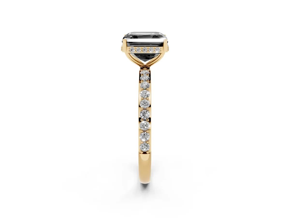 Fancy Black Asscher Cut Diamond Solitaire Ring with Pavé Band and Hidden Halo Yellow gold