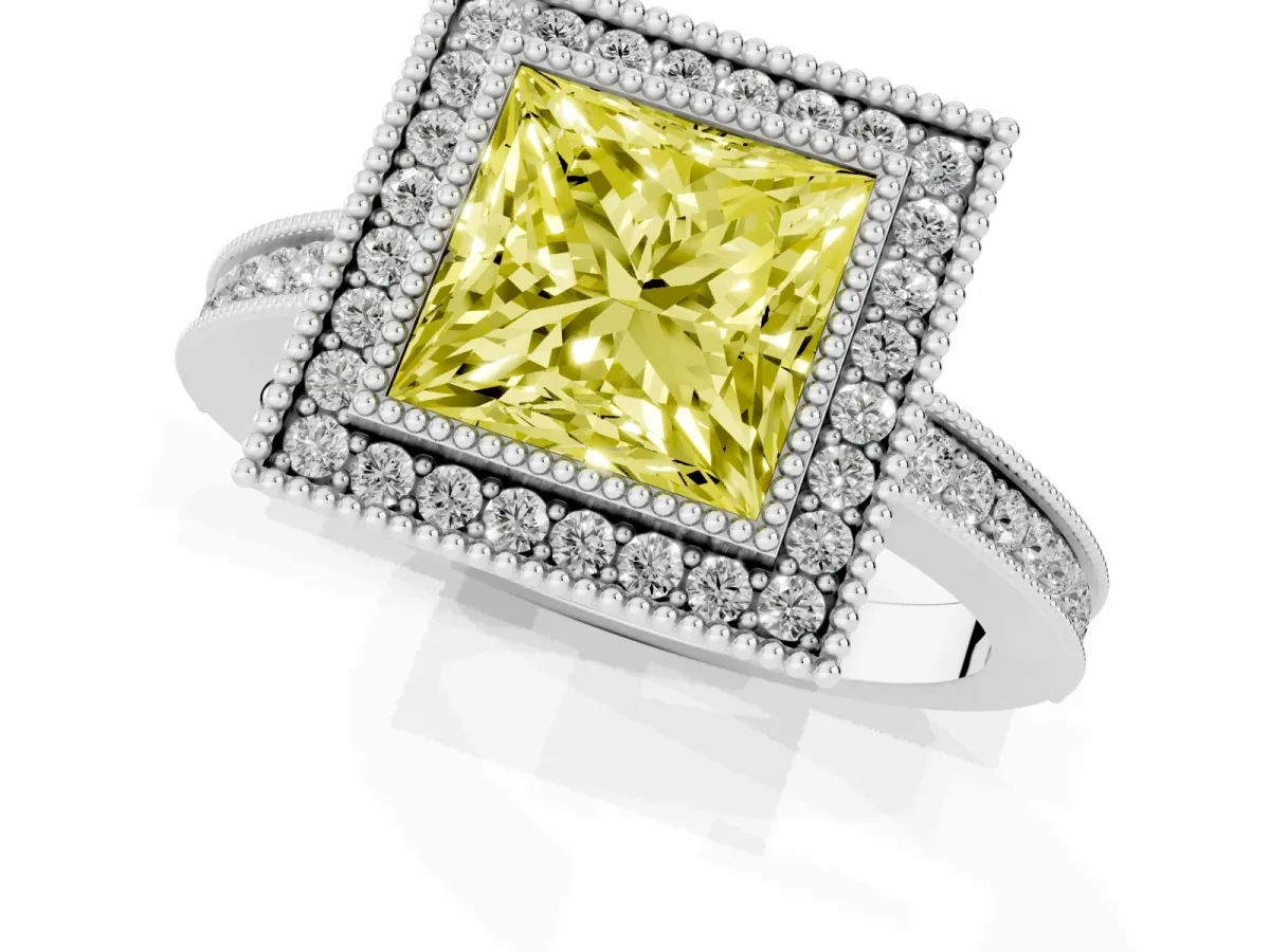 Fancy Yellow Princess Cut Cut Halo Diamond Ring with Pavé Band and Milgrain Prong Setting White gold