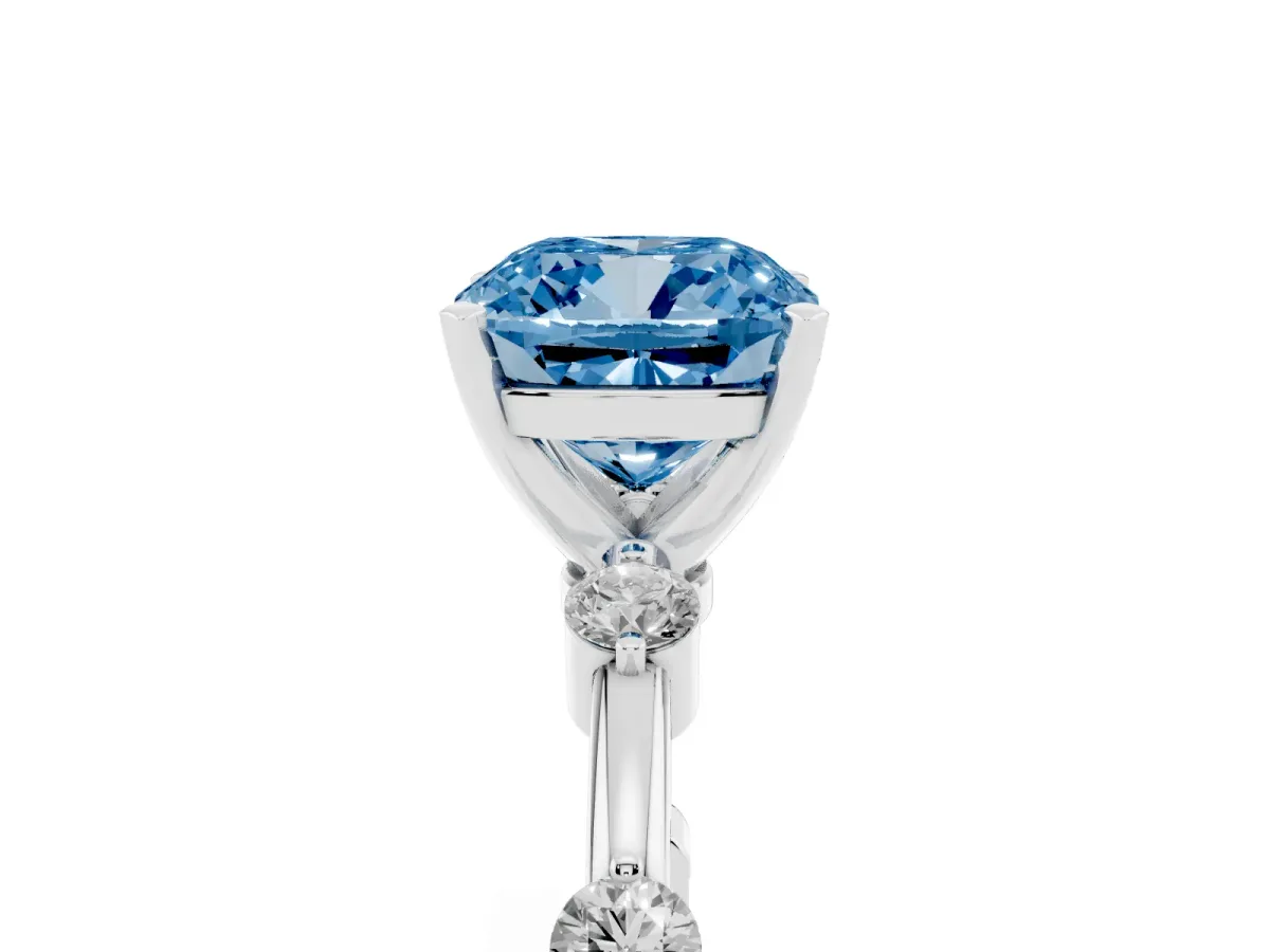 Fancy Blue Cushion Cut Solitaire Diamond Ring with Bezel Set Side Stones and Prong Setting Platinum