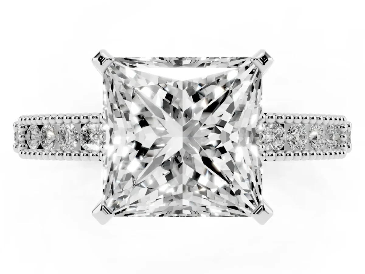Princess Cut Solitaire with Pavé Band and Four-Prong Setting Silver