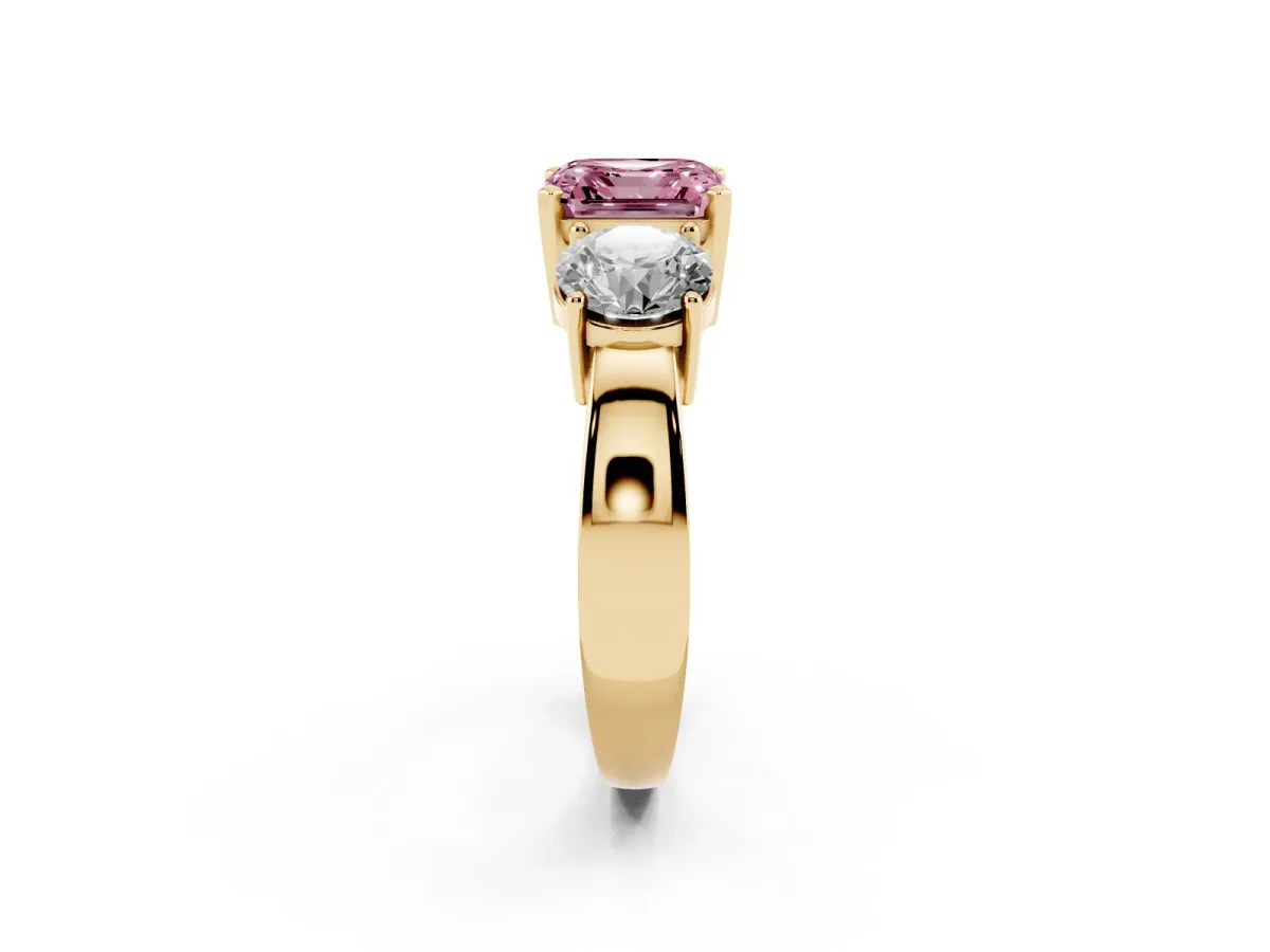 Fancy Pink Three-Stone Asscher Cut Diamond Ring with Round Side Stones, Classic Band, and Four-Prong Setting Yellow gold