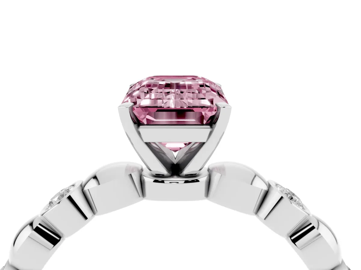 Fancy Pink Emerald Cut Solitaire Bezel-Set Diamond Ring with Beaded Band and Four-Prong Setting Silver