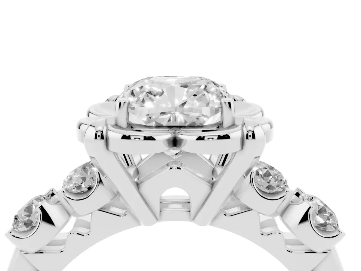 Cushion Cut Cut Diamond Floral Halo Engagement Ring with Shared Prong Setting Silver