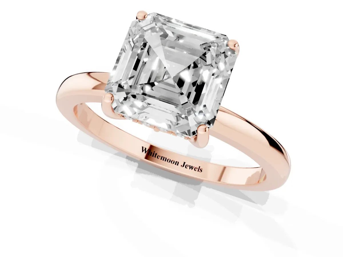 Asscher Cut Solitaire Diamond Ring with Prong Setting and Plain Band Rose gold