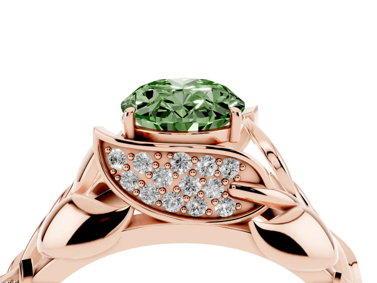 Fancy Green Oval Cut Diamond Leaf-Inspired Engagement Ring with Round Accents and Prong Setting Rose gold