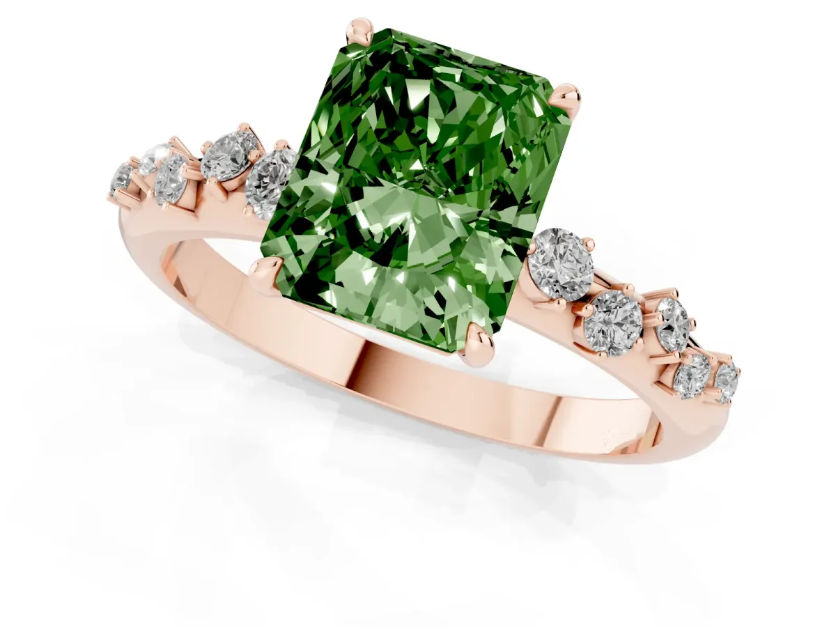 Fancy Green Radiant Cut Diamond Cluster Prong-Set Solitaire Ring Rose gold