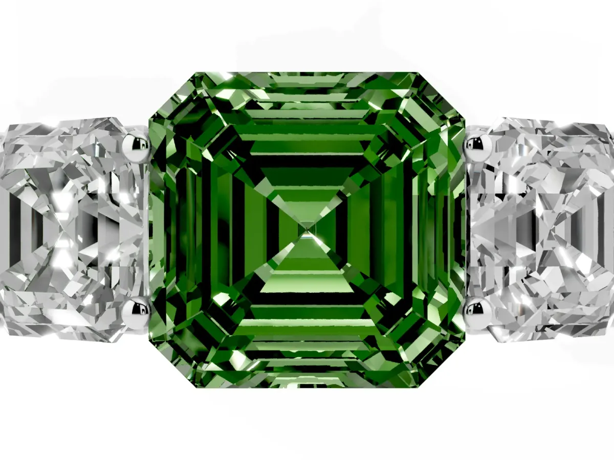 Fancy Green Asscher Cut Three-Stone Diamond Ring with Prong Setting on a Classic Band Platinum