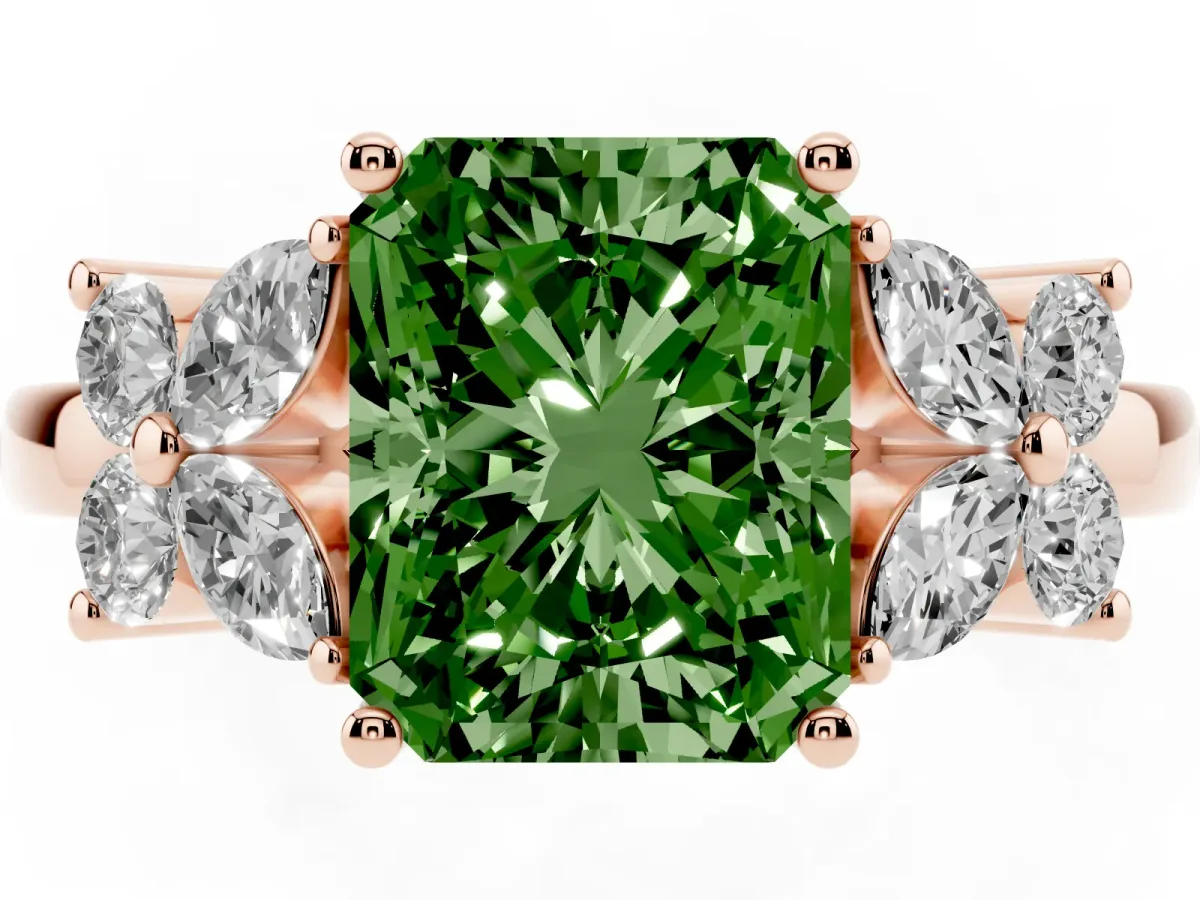 Fancy Green Radiant Cut Diamond Floral Cluster Ring with Solitaire Band and Prong Setting Rose gold