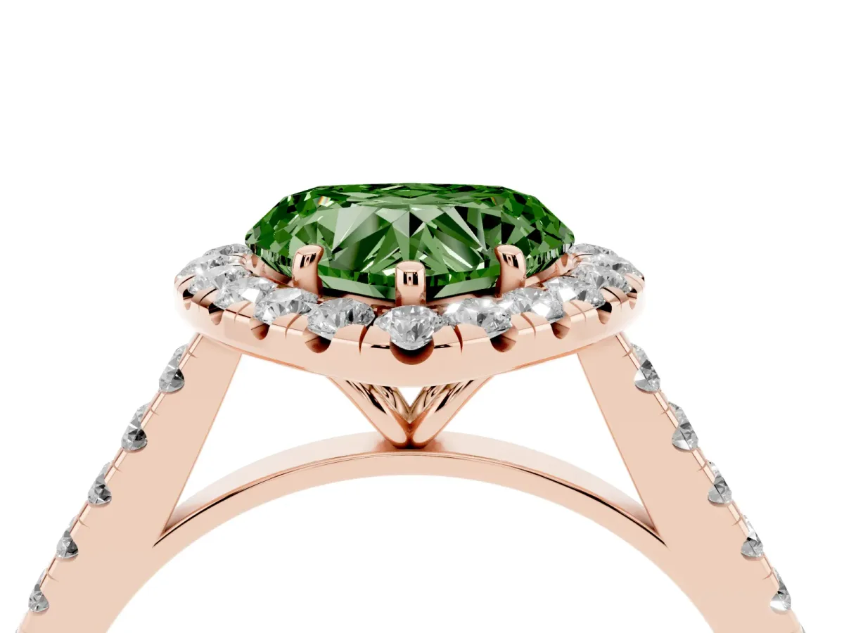 Fancy Green Heart Cut Halo Pave Diamond Engagement Ring with Four-Prong Setting Rose gold