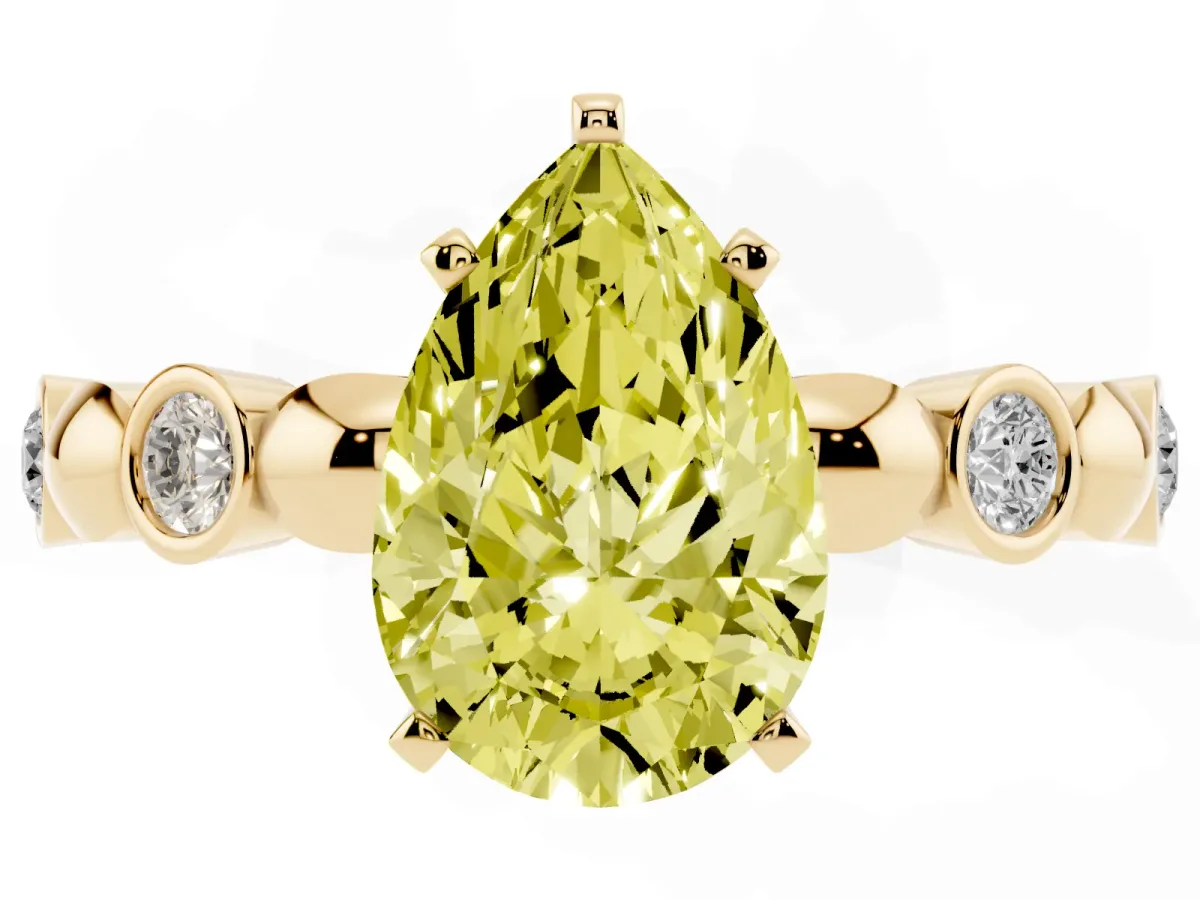Fancy Yellow Pear Cut Solitaire Bezel-Set Diamond Ring with Beaded Band and Four-Prong Setting Yellow gold