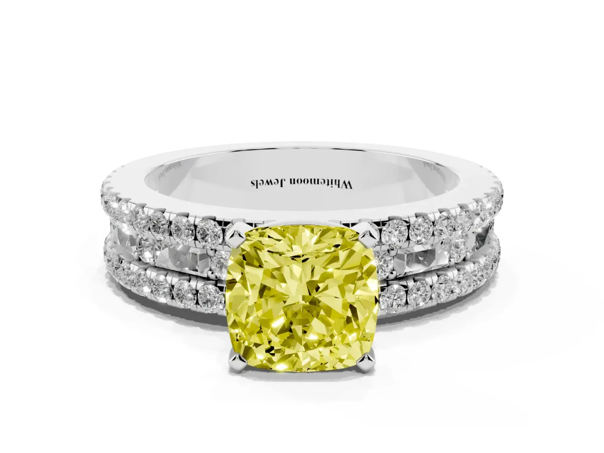 Fancy Yellow Cushion Cut Diamond Solitaire Ring with Pavé and Channel Set Band Platinum
