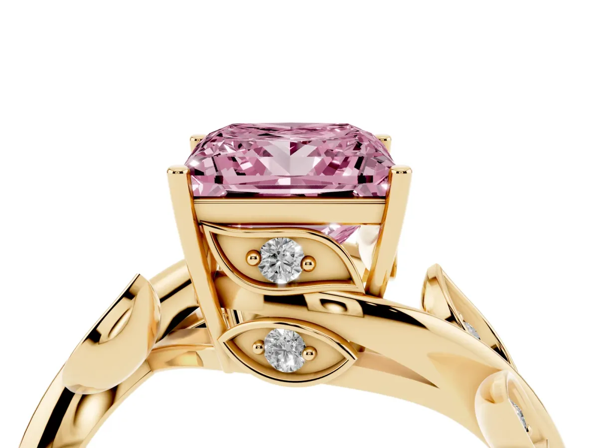 Fancy Pink Princess Cut Solitaire Twist Engagement Ring with Leaf Accents and Prong Setting Yellow gold