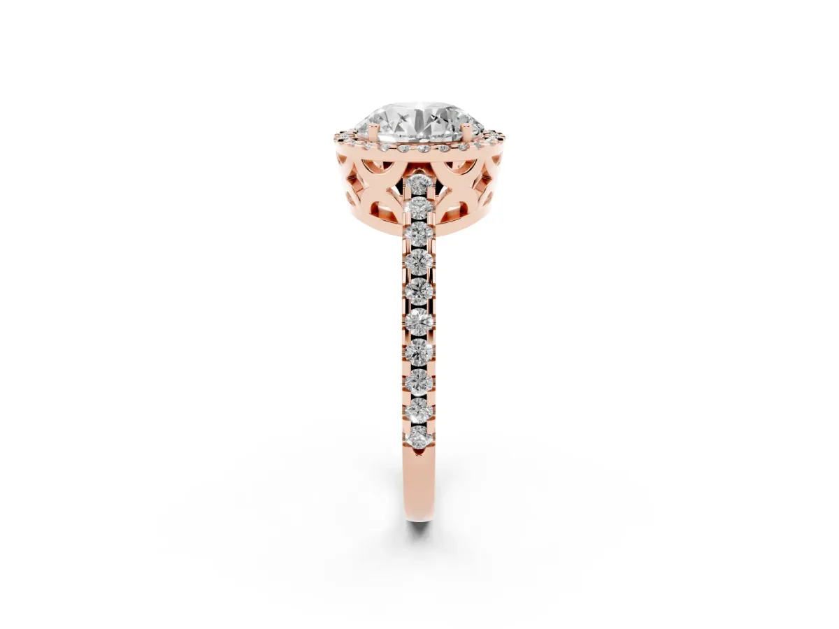 Round Cut Diamond Halo Engagement Ring with Pavé Band and Prong Setting Rose gold