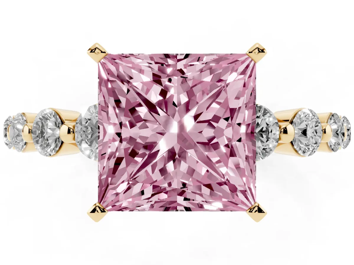 Fancy Pink Princess Cut Solitaire Diamond Ring with Pave Band and Four-Prong Setting Yellow gold
