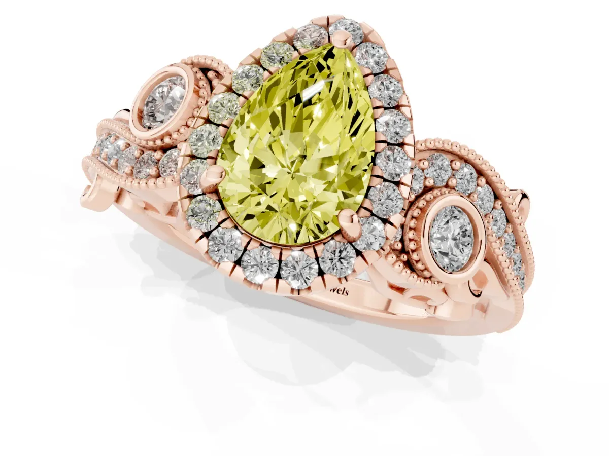 Fancy Yellow Pear Cut Halo Diamond Ring with Milgrain and Bezel Accents on a Split Shank Band Rose gold
