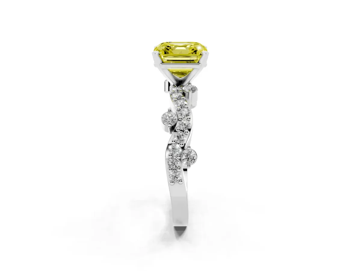 Fancy Yellow Asscher Cut Cut Solitaire Diamond Twisted Band with Pave Setting Silver